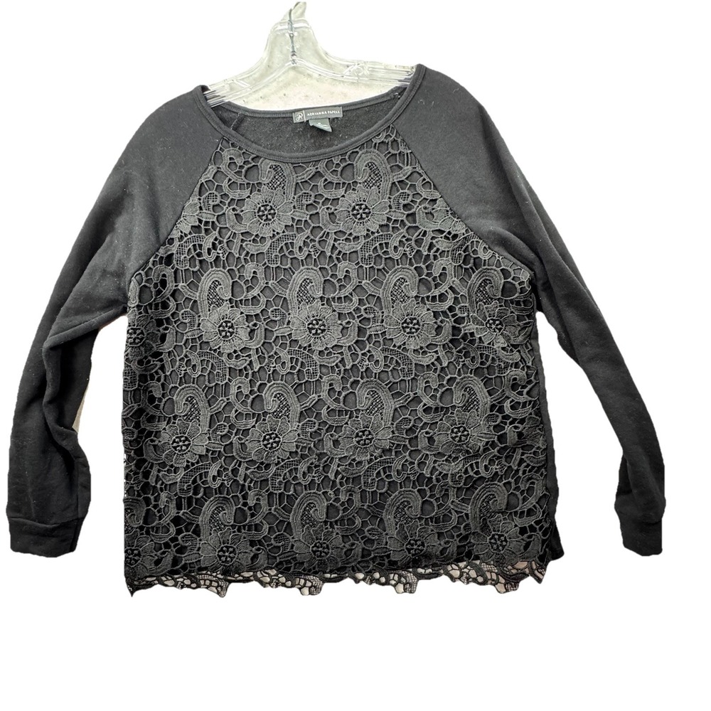 Adrianna Papell Stretch Crochet Knit Top Women's Medium Solid Black LS‎ Boho
